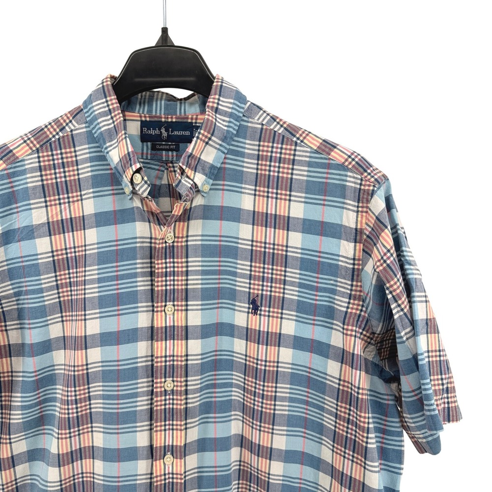 Ralph Lauren Button Down Mens XL Pre-Owned Shirt Blue Plaid Classic Fit Cotton